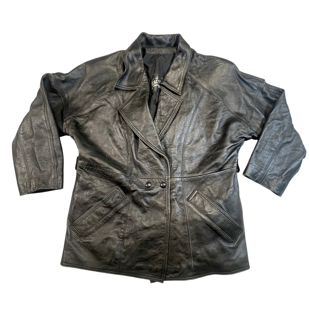 Fantasia‎ Vintage Black Genuine Leather Double Breasted Blazer Jacket Mexico Med